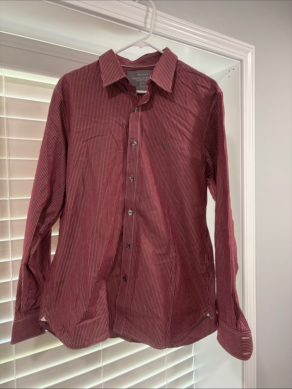 American Eagle Outfitters Men's Burgundy and White Pinstripe Dress Shirt
